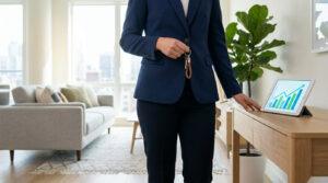 Une professionnelle tient des clés et consulte des données de croissance sur tablette dans un intérieur moderne.