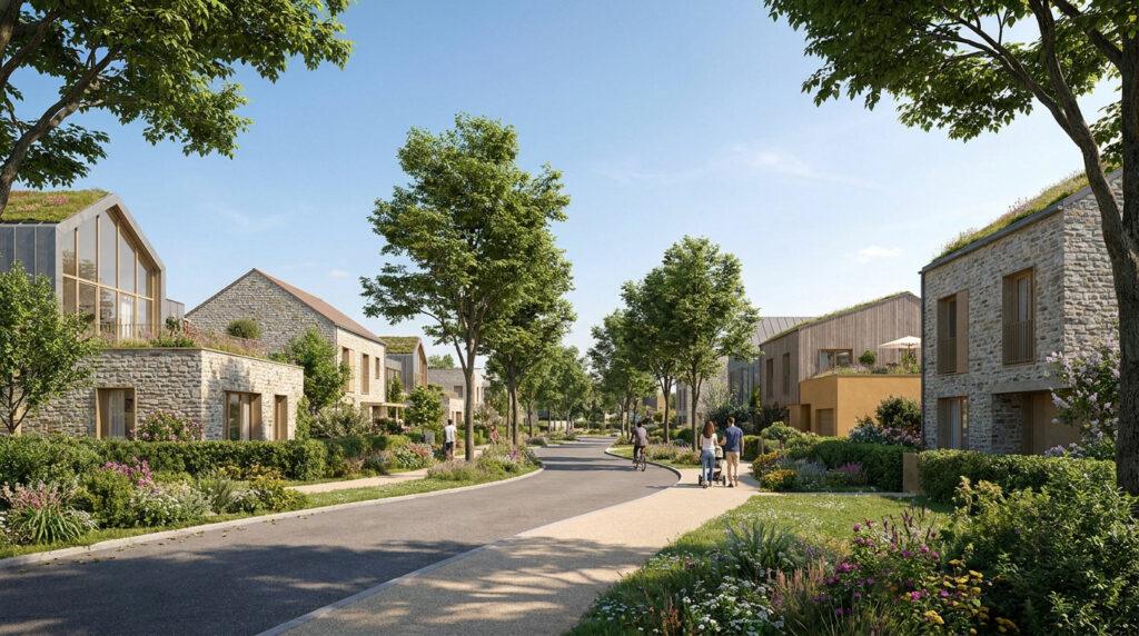 Rue résidentielle moderne et verdoyante. Maisons en pierre et toits végétalisés, bordée d'arbres. Des familles se promènent.