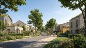 Rue résidentielle moderne et verdoyante. Maisons en pierre et toits végétalisés, bordée d'arbres. Des familles se promènent.