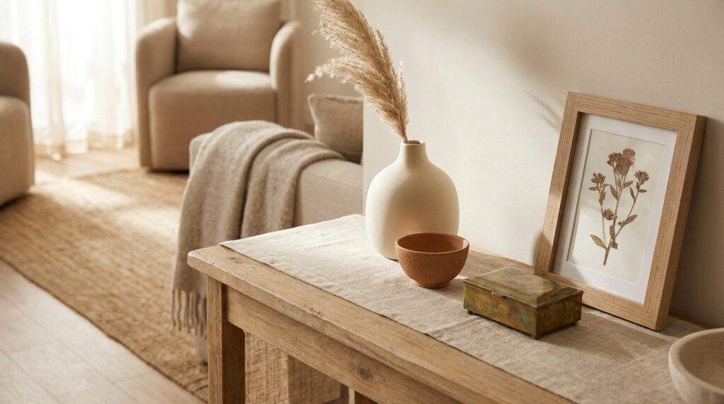 Gros plan sur une console en bois avec vase, herbe de pampa, cadre de fleurs séchées et boîte en bronze dans un salon aux tons neutres.