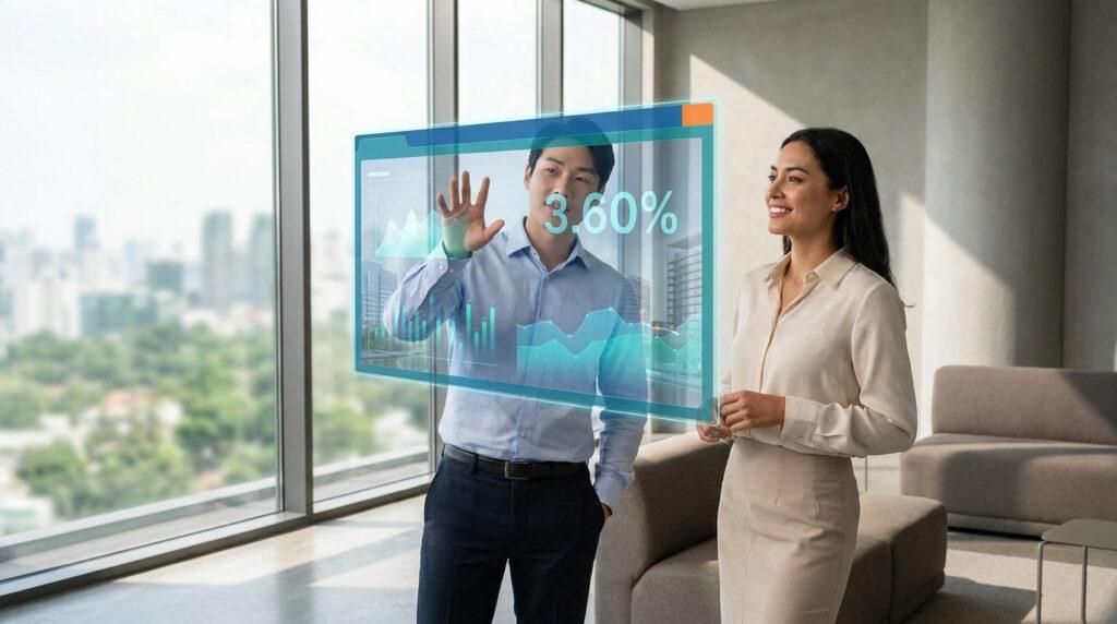 Deux professionnels analysent des données immobilières sur un écran holographique interactif dans un bureau moderne avec vue sur la ville.