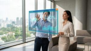Deux professionnels analysent des données immobilières sur un écran holographique interactif dans un bureau moderne avec vue sur la ville.