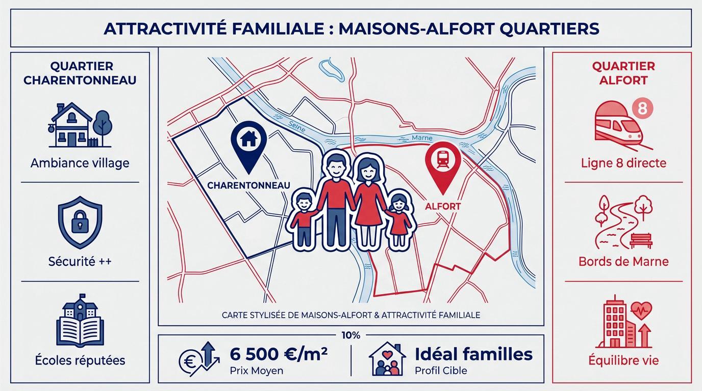 Famille se promenant dans un quartier résidentiel de Maisons-Alfort