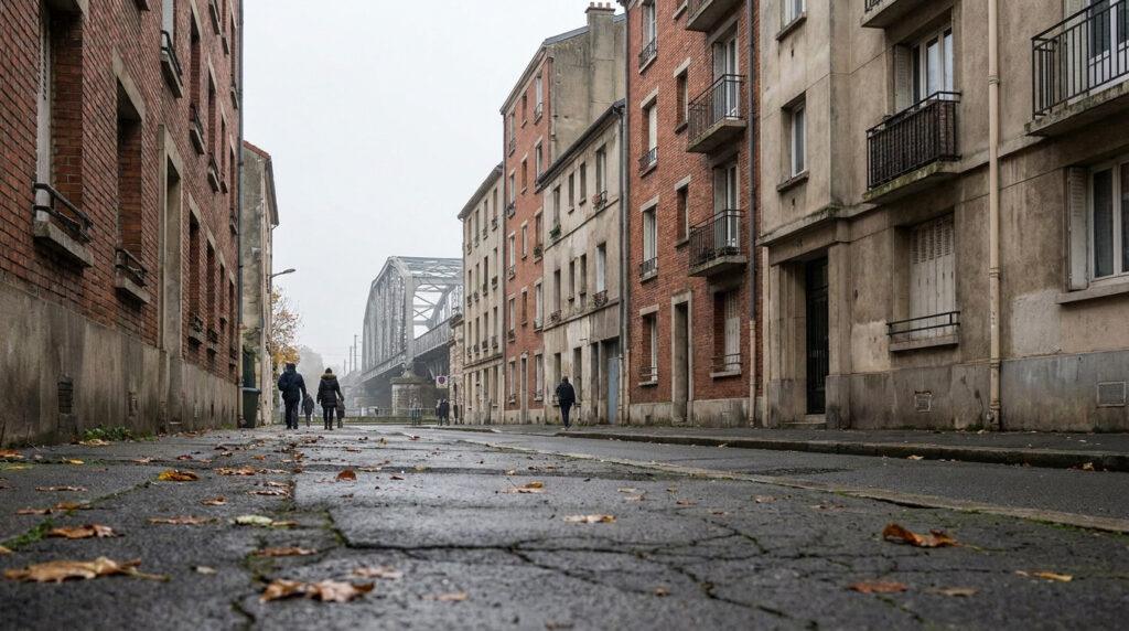 Une rue d'Ivry-sur-Seine sous un ciel gris, avec des bâtiments en brique et un pont ferroviaire au loin. Des feuilles mortes jonchent le sol.