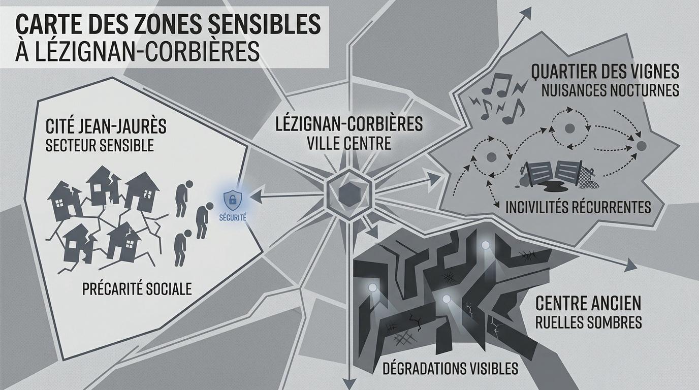 Carte des zones sensibles et quartiers à surveiller à Lézignan-Corbières