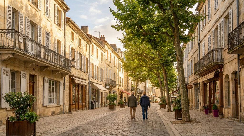 Deux hommes marchent dans une rue pavée bordée de bâtiments anciens en pierre, d'arbres verts et de commerces sous le soleil.