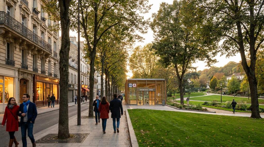 Vue sur la gare RER de Chatou-Croissy, une rue commerçante bordée d'arbres et un grand parc verdoyant.