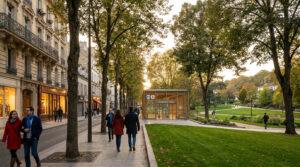 Vue sur la gare RER de Chatou-Croissy, une rue commerçante bordée d'arbres et un grand parc verdoyant.