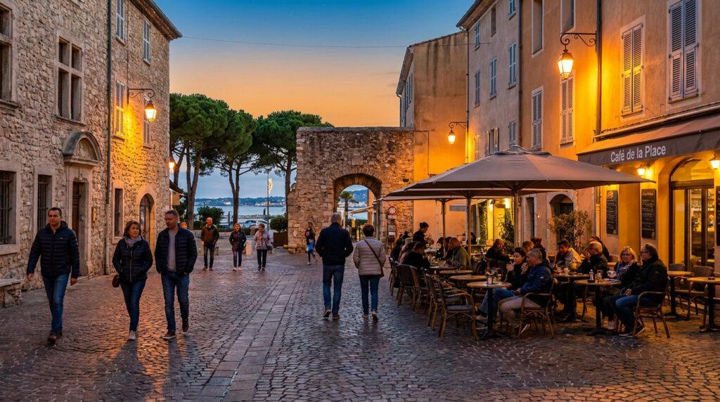 Une rue pavée animée à Vallauris au crépuscule. Des gens flânent et dînent en terrasse, sous des lumières chaudes. Arches médiévales et mer au loin.