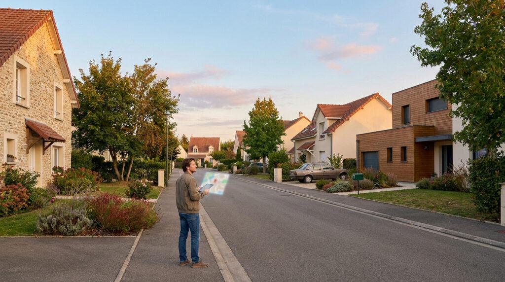 Un homme consulte une carte holographique dans une rue résidentielle bordée de maisons et d'arbres, au crépuscule.