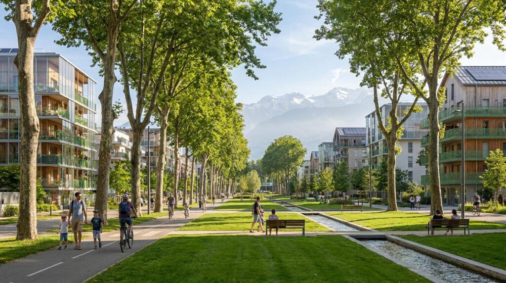 Vue d'un quartier moderne et vert avec des bâtiments, des arbres, des pistes cyclables, des personnes et des montagnes enneigées en arrière-plan à Grenoble.