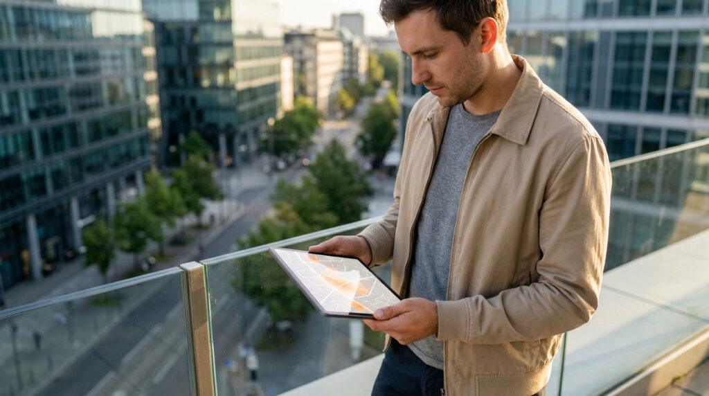 Homme sur un balcon, consultant une carte urbaine avec des zones surlignées sur une tablette, surplombant une ville.