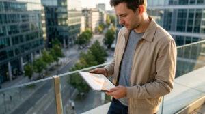 Homme sur un balcon, consultant une carte urbaine avec des zones surlignées sur une tablette, surplombant une ville.
