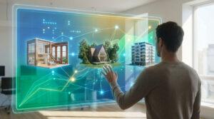 Un homme interagit avec un écran holographique montrant des propriétés (loft, maison, immeuble) et des graphiques de croissance immobilière.
