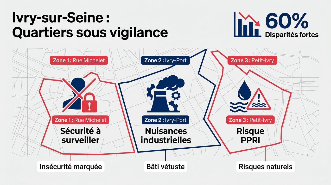 Carte des zones de vigilance et quartiers à éviter à Ivry-sur-Seine