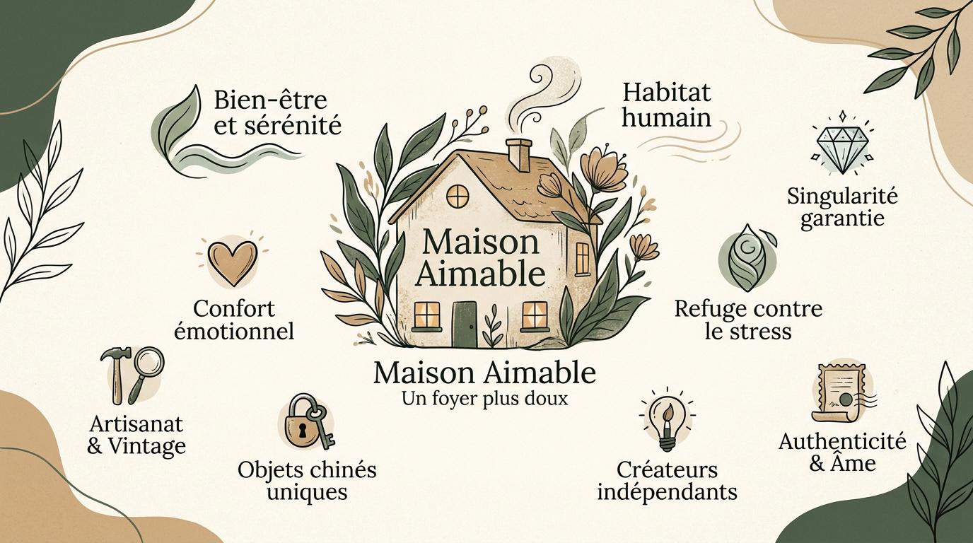 Intérieur chaleureux Maison Aimable avec matières naturelles et lumière douce