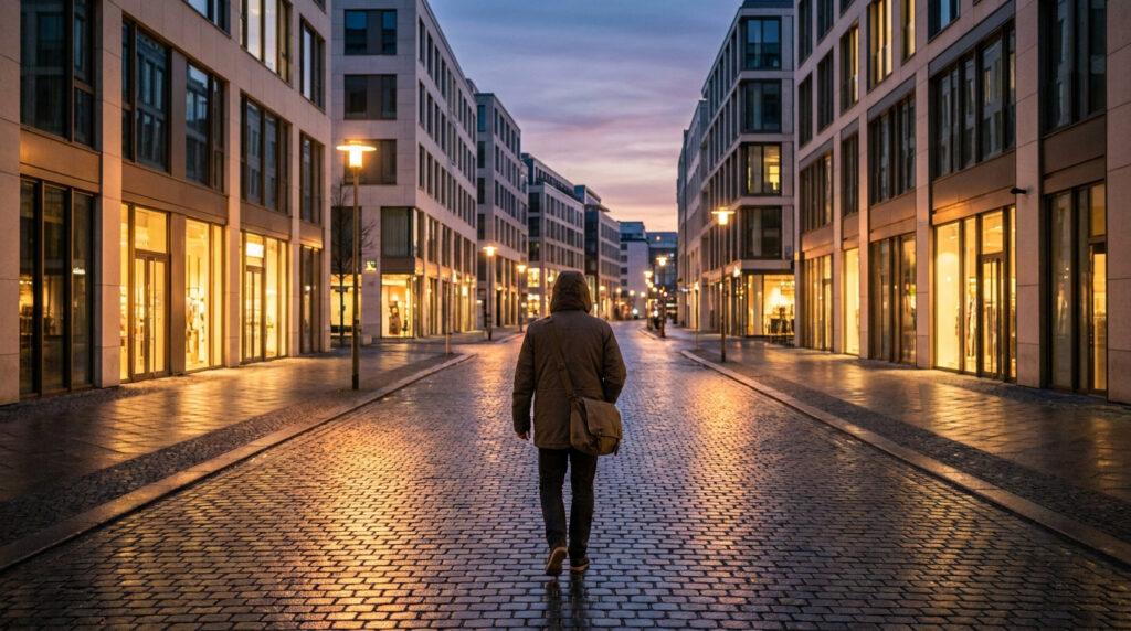 Un homme marche seul sur une rue pavée bordée d'immeubles modernes et de vitrines éclairées au crépuscule.