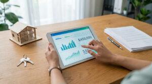 Personne utilisant une tablette pour simuler les frais d'acquisition immobilière, avec maison miniature, clés et documents.