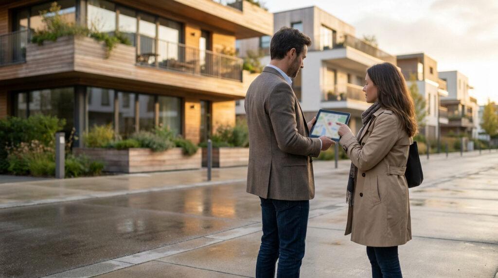 Un homme et une femme examinent une carte sur une tablette devant des immeubles résidentiels modernes en bois et blanc.