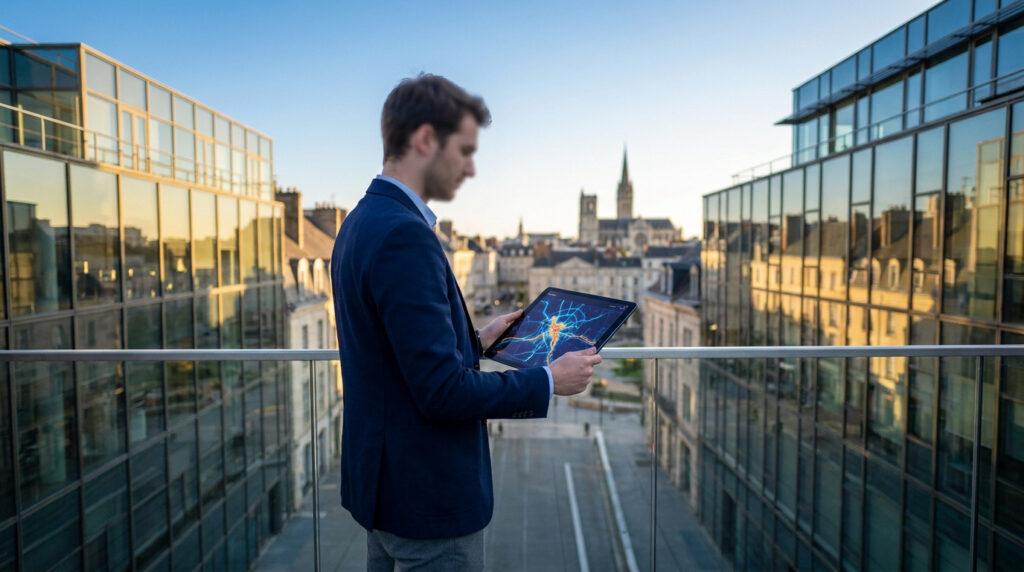 Jeune homme analyse une carte de données urbaines sur tablette, vue sur la cathédrale de Bourges et la ville.
