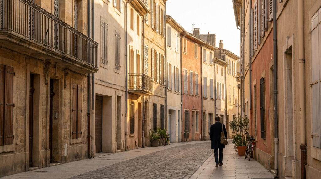 Un homme marche sur une ruelle pavée de Lézignan, bordée de hauts bâtiments aux façades ocres et rouges, avec volets et balcons en fer forgé.
