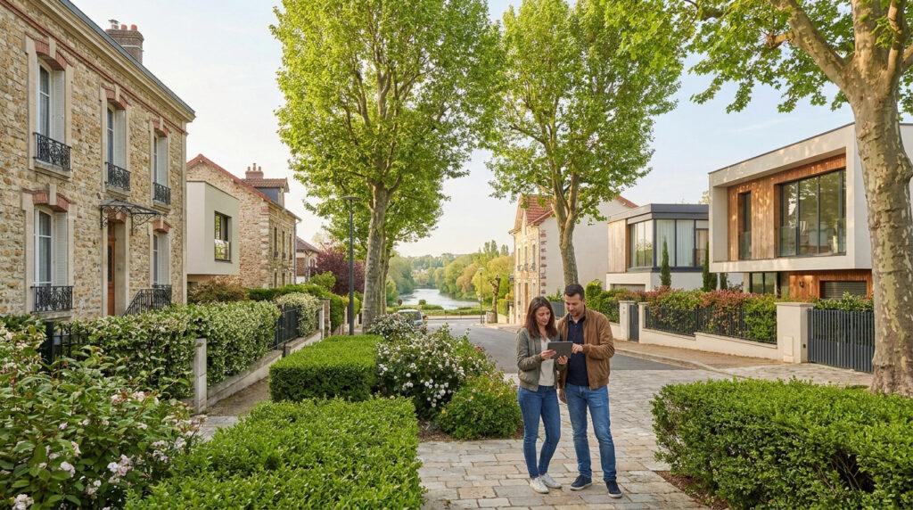 Un couple sur une rue résidentielle de Saint-Maur, avec des maisons variées et une rivière en arrière-plan, consulte une tablette.