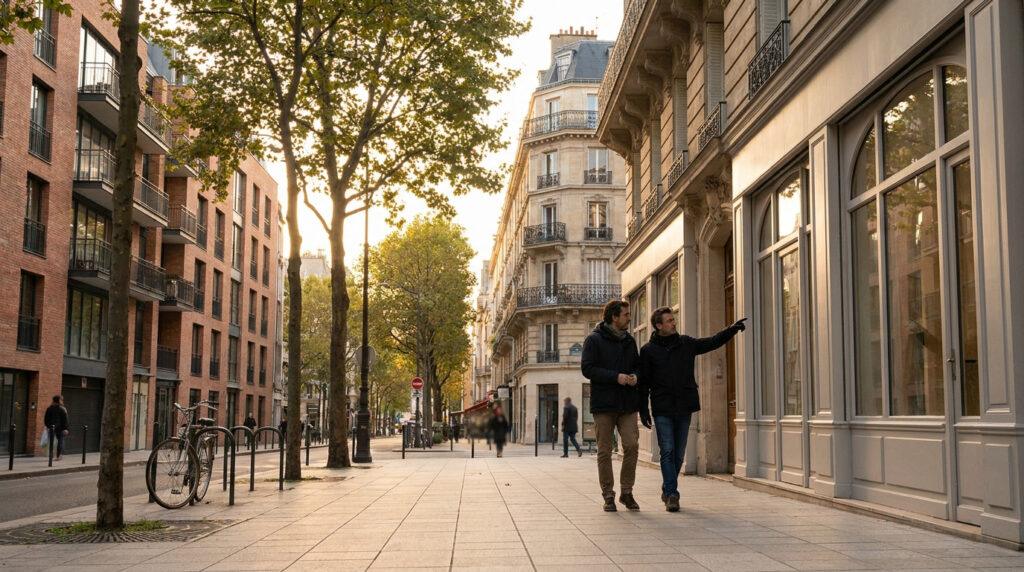 Deux hommes discutent en marchant sur un trottoir bordé d'arbres et d'immeubles, un soleil éclatant en arrière-plan.