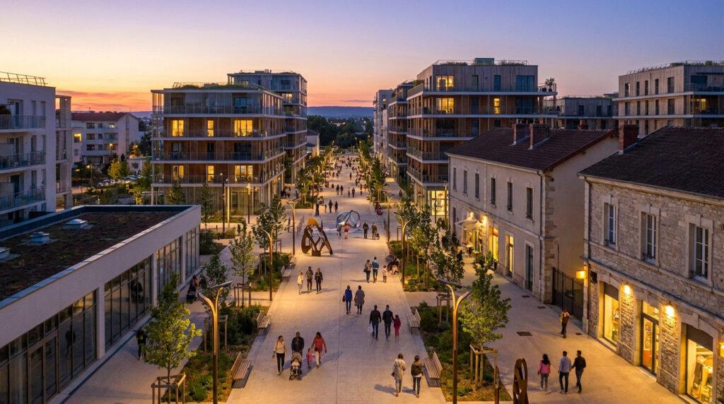 Vue aérienne d'une promenade piétonne urbaine animée au crépuscule, bordée de bâtiments modernes et anciens, avec des passants.
