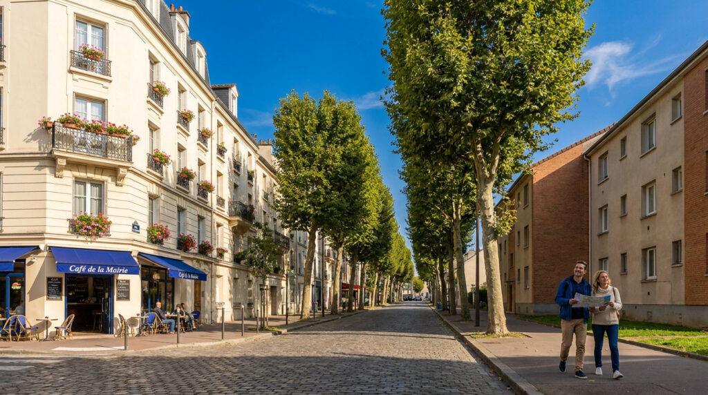 Rue ensoleillée à Maisons-Alfort avec un café, des immeubles classiques et modernes, et un couple consultant une carte.