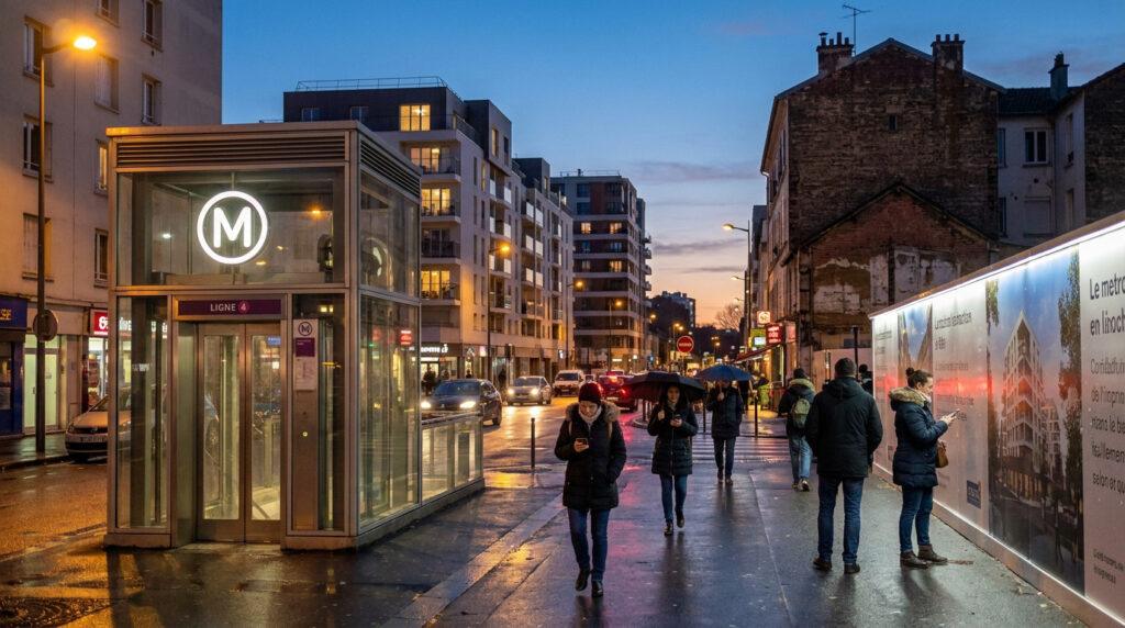 Une entrée de métro vitrée "Ligne 4" à Bagneux au crépuscule. Des piétons marchent sur le trottoir mouillé devant des bâtiments et un panneau de construction.