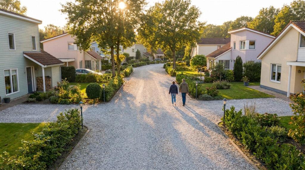 Couple marchant sur un chemin privatif bordé de maisons individuelles au coucher du soleil.