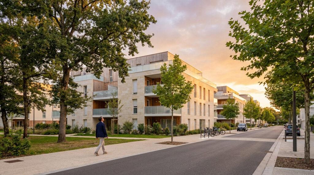 Quartier résidentiel neuf et verdoyant à Villenave, au crépuscule. Un homme se promène sur un trottoir large.