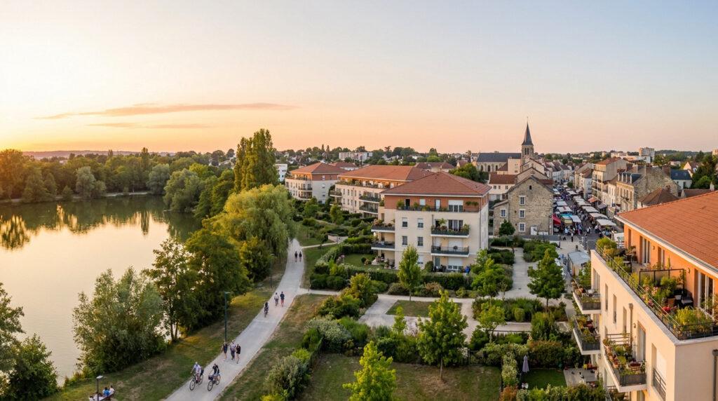 Vue aérienne de Vigneux-sur-Seine au coucher du soleil. Rivière, habitations modernes, chemin piéton, église et marché.