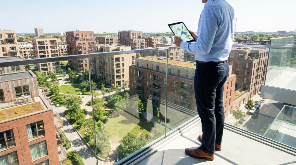 Homme sur un balcon avec tablette affichant une carte, surplombant un quartier résidentiel moderne avec des bâtiments en brique et des espaces verts.