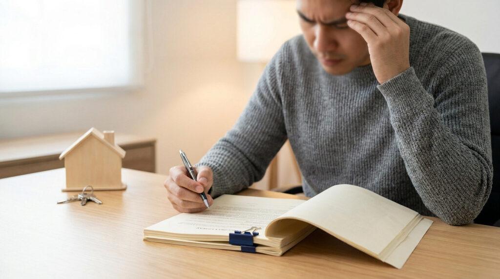 Un homme stressé assis à un bureau avec des documents, un stylo et une petite figurine de maison.