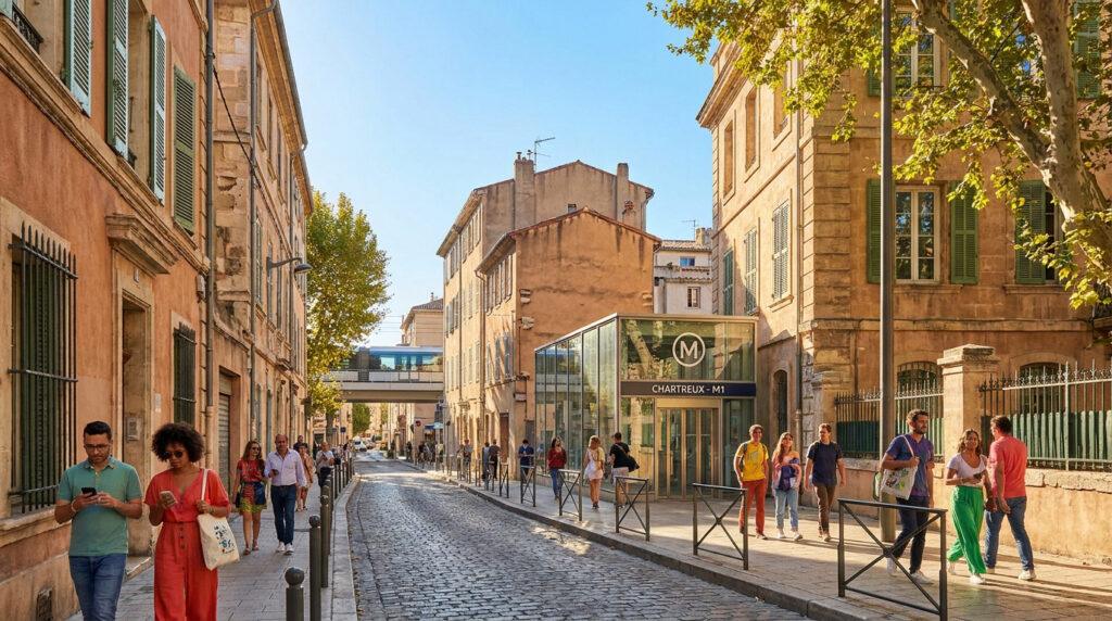 Vue d'une rue animée du quartier des Chartreux à Marseille, avec piétons, bâtiments anciens et entrée de la station de métro M1.