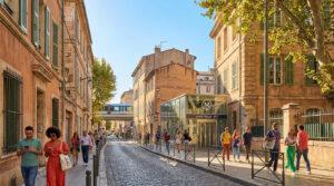 Vue d'une rue animée du quartier des Chartreux à Marseille, avec piétons, bâtiments anciens et entrée de la station de métro M1.