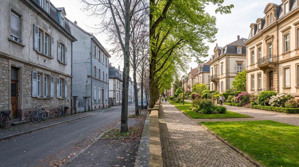 Vue panoramique d'une rue de Mulhouse : à gauche, bâtiments délabrés et arbres nus ; à droite, villas élégantes, jardins fleuris et promeneurs.