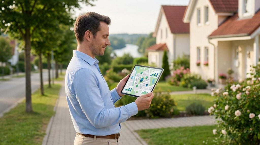 Un homme analyse une carte de quartier avec des données sur une tablette, devant des maisons et un paysage verdoyant.