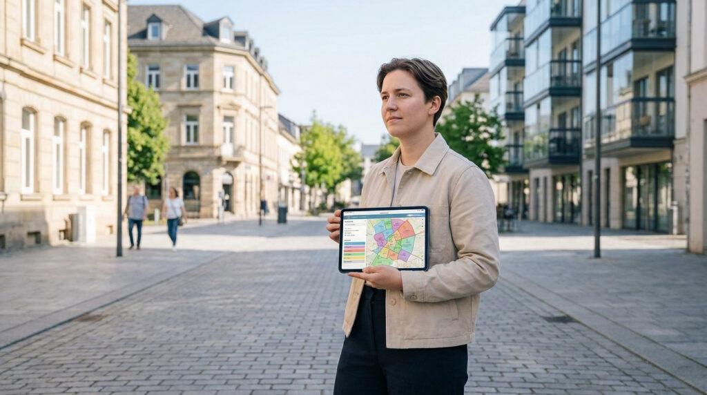 Une personne tient une tablette affichant une carte colorée des quartiers de Rueil-Malmaison dans une rue pavée.