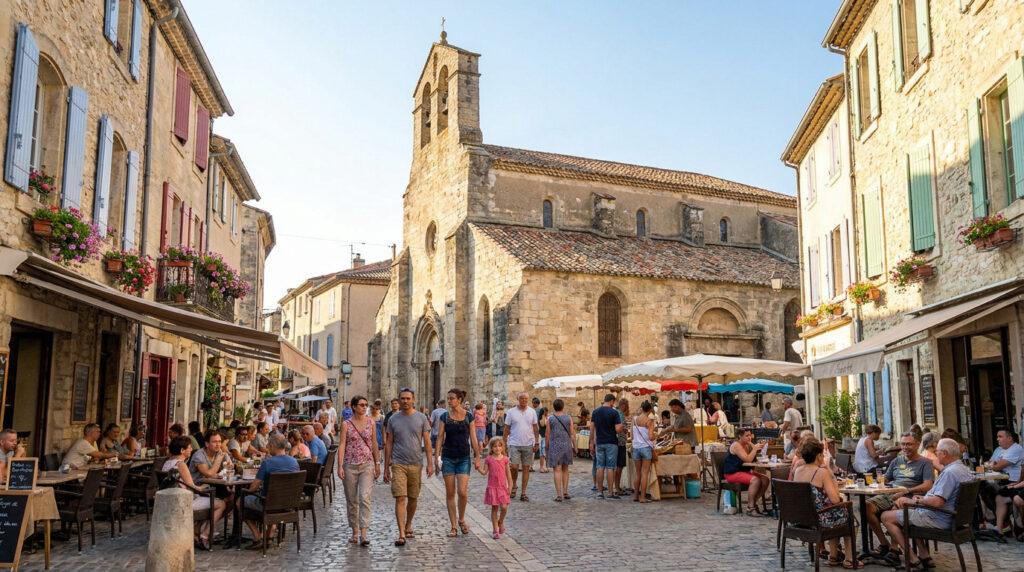 Rue piétonne historique à Montpellier avec des terrasses de café, des passants et une église ancienne en arrière-plan.