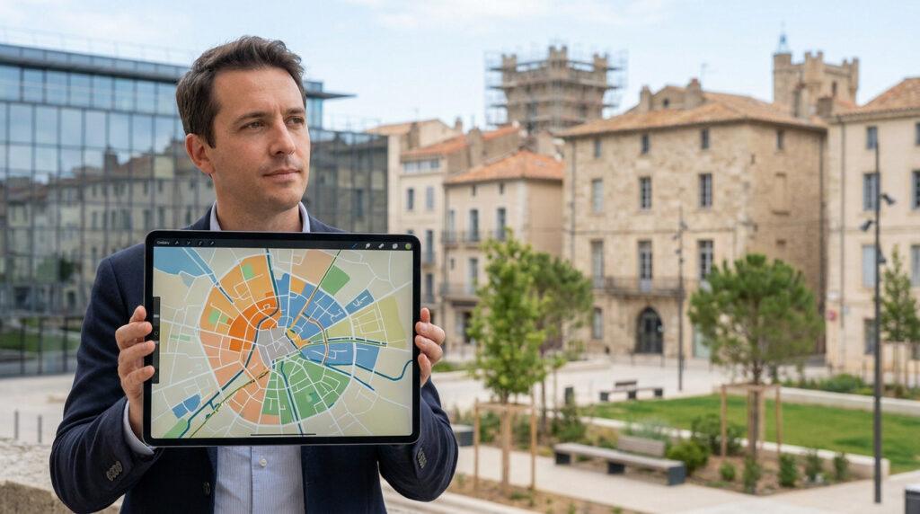 Un homme présente une carte interactive des quartiers de Narbonne sur une tablette devant un décor urbain.