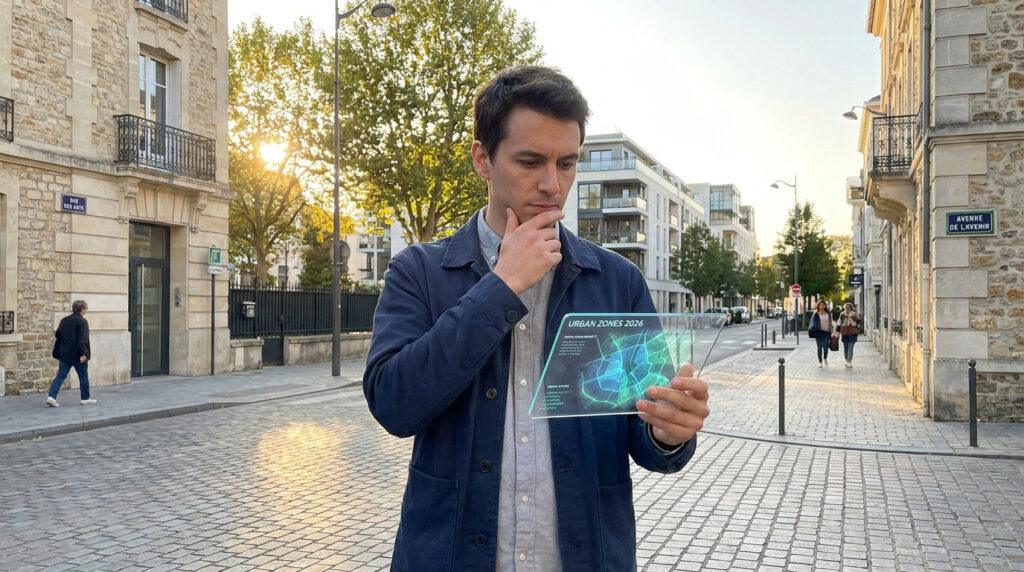 Un homme examine une tablette transparente affichant une carte des "Urban Zones 2026" dans une rue pavée de ville.