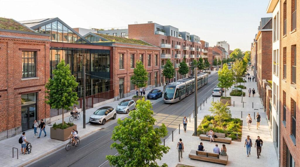 Vue en plongée d'une rue moderne et végétalisée à Lille Moulins avec un tramway, des piétons et des cyclistes.
