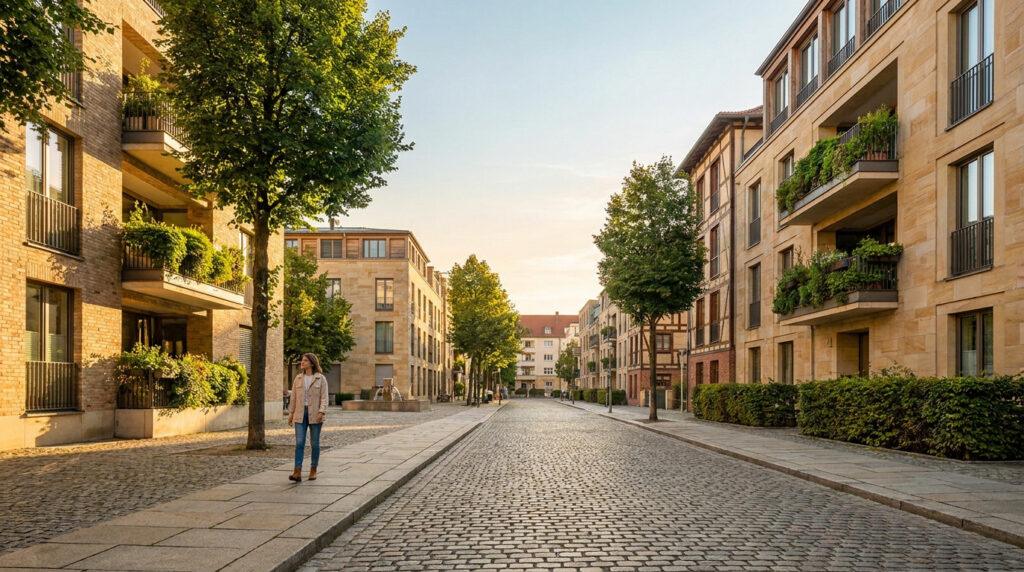 Rue pavée moderne bordée d'immeubles clairs avec balcons végétalisés et arbres, baignée de lumière dorée. Une femme marche.