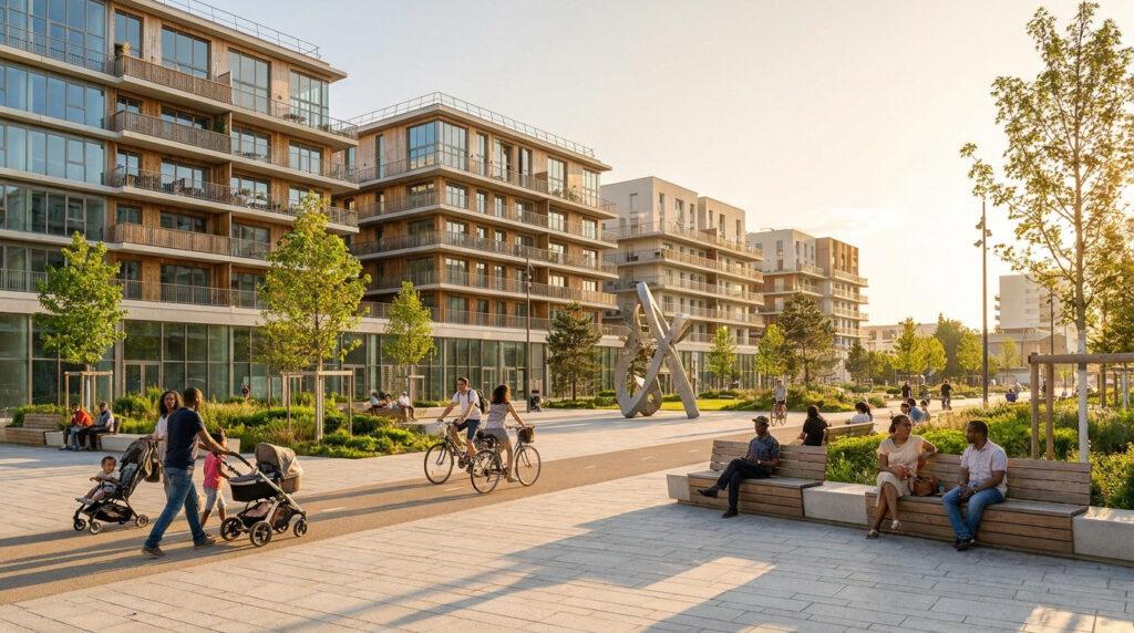 Quartier moderne à La Courneuve avec immeubles, cyclistes, familles et espaces verts sous une lumière dorée.
