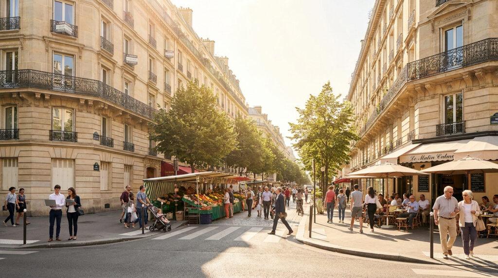 Vue d'une rue parisienne animée avec immeubles haussmanniens, marché de fruits, légumes et café en terrasse sous le soleil.