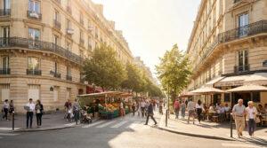 Vue d'une rue parisienne animée avec immeubles haussmanniens, marché de fruits, légumes et café en terrasse sous le soleil.