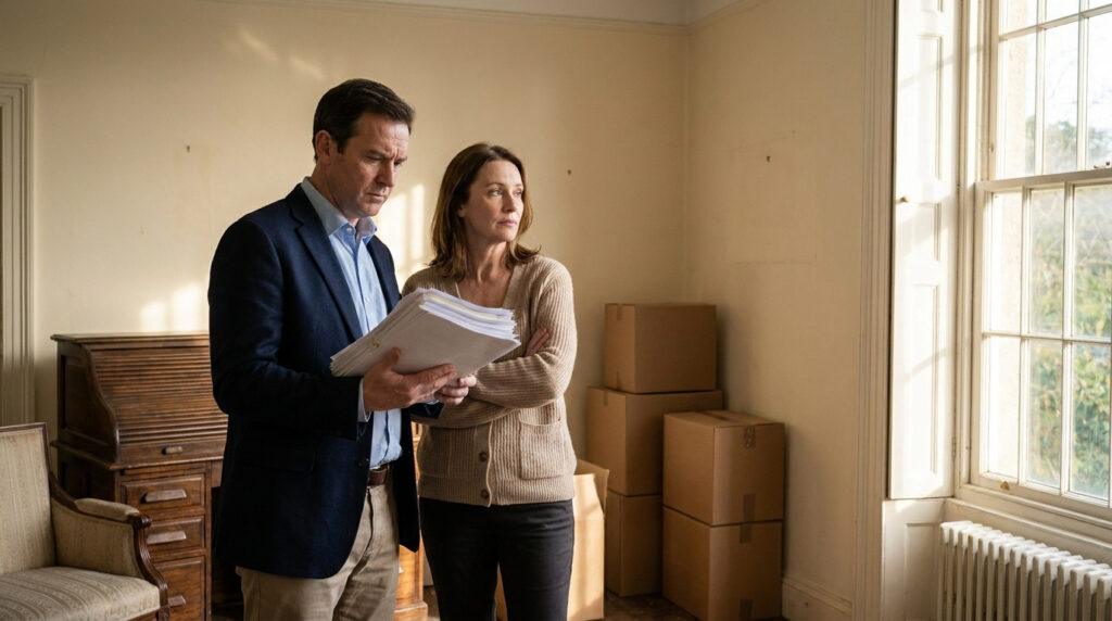 Un homme et une femme examinant des documents administratifs dans une maison vide avec des cartons de déménagement.