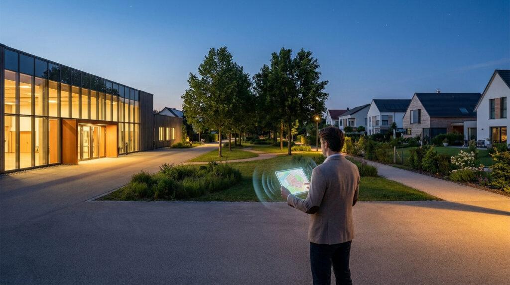 Un homme utilise une tablette numérique pour mesurer la distance entre une salle des fêtes et des maisons au crépuscule.